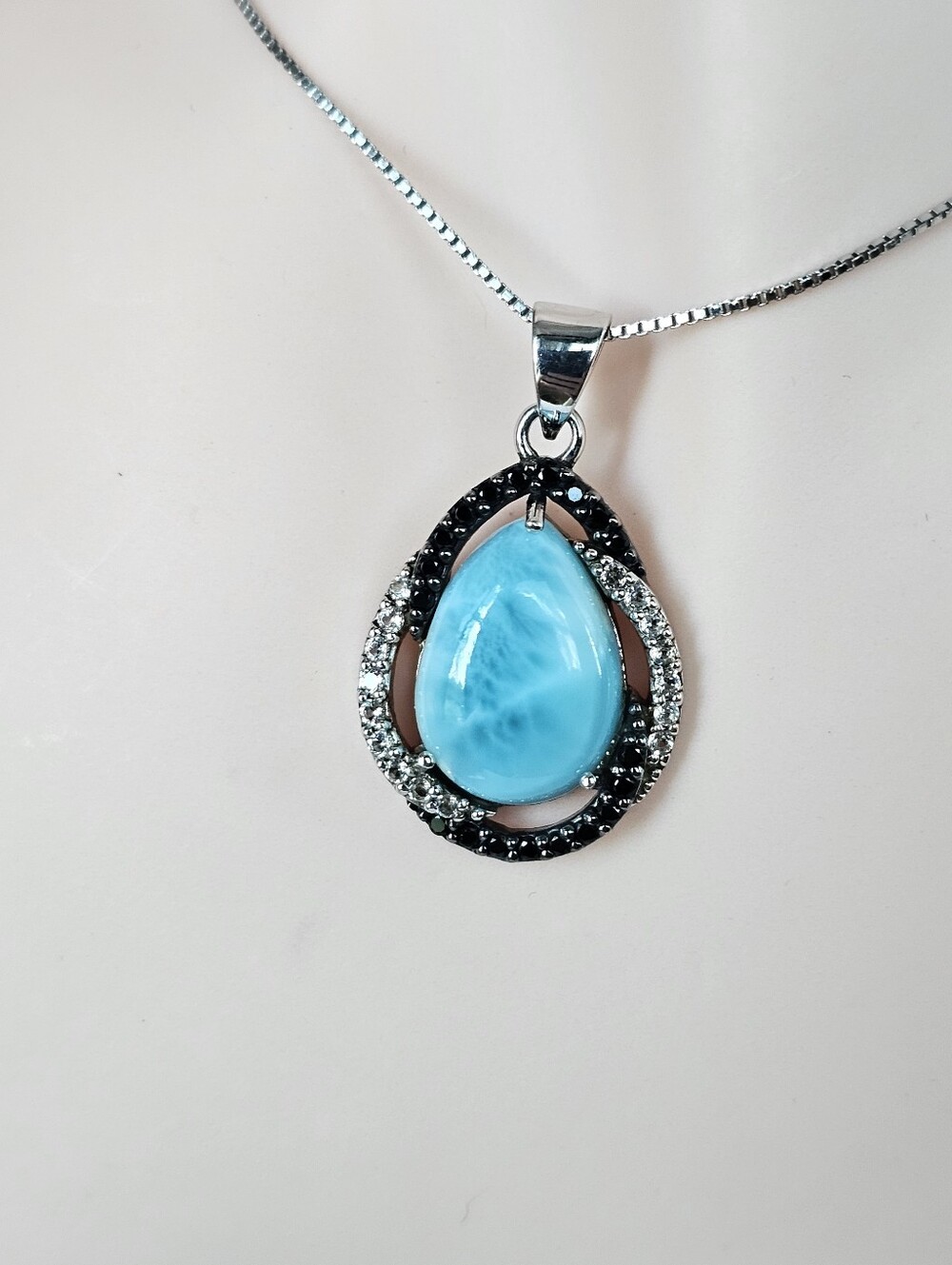 Genuine Larimar Pendant Black Spinel & White Zircon Sterling Silver Chain! - Picture 3 of 7